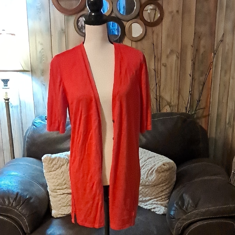 J. Jill Linen Blend V-neck Short Sleeve Red Slub Tunic Cardigan Size M